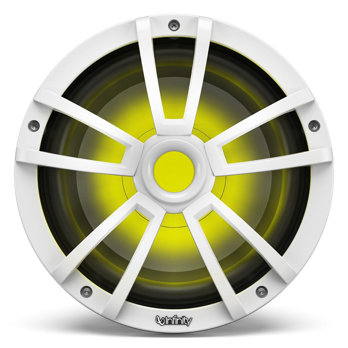 White marine subwoofer with a multi-spoke grille and yellow LED illumination