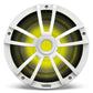 White marine subwoofer with a multi-spoke grille and yellow LED illumination