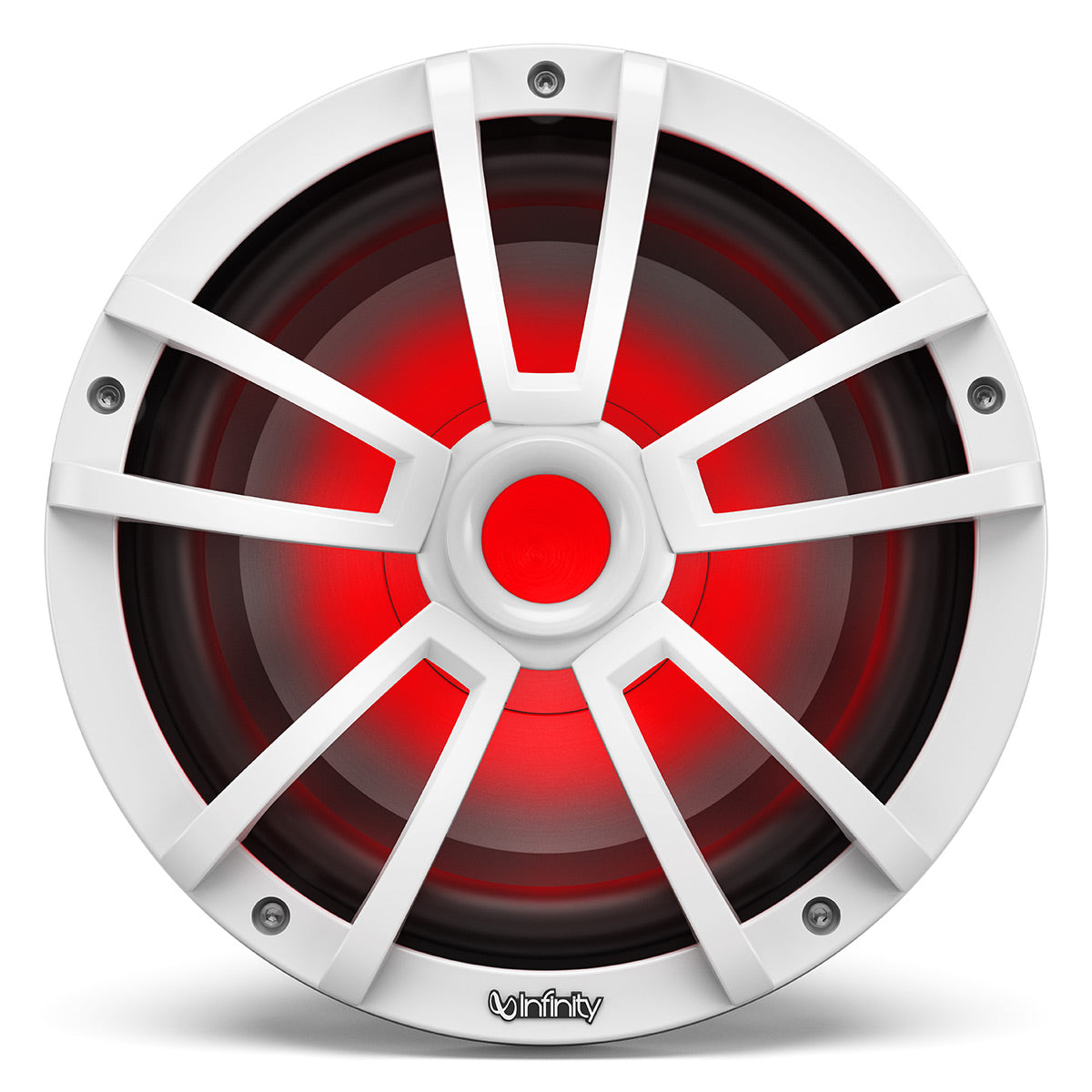 White marine subwoofer with red RGB lighting and a multi-spoke grille