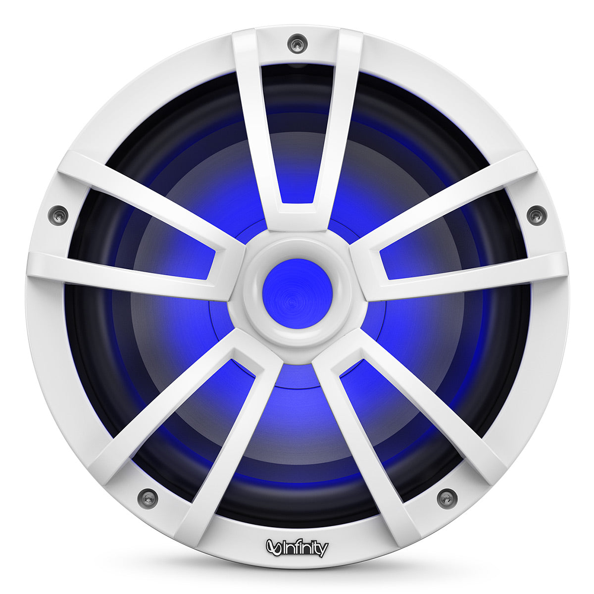 White marine subwoofer with blue RGB lighting and a multi-spoke grille