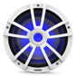 White marine subwoofer with blue RGB lighting and a multi-spoke grille