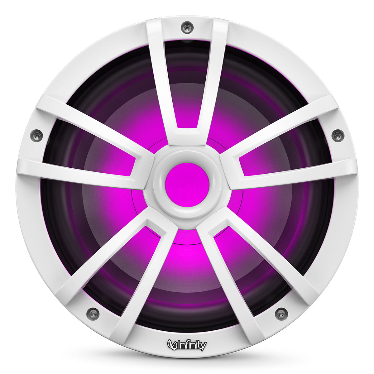White marine subwoofer with a multi-spoke grille and purple RGB LED illumination