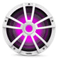 White marine subwoofer with a multi-spoke grille and purple RGB LED illumination