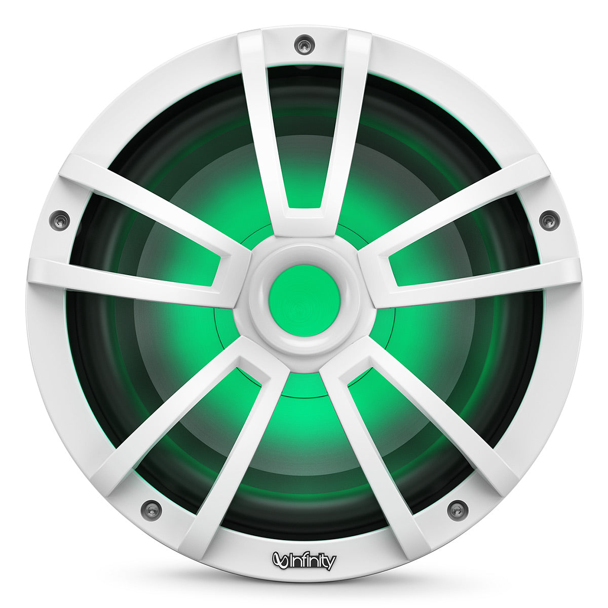 White marine subwoofer with a multi-spoke grille and green LED illumination