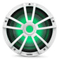 White marine subwoofer with a multi-spoke grille and green LED illumination