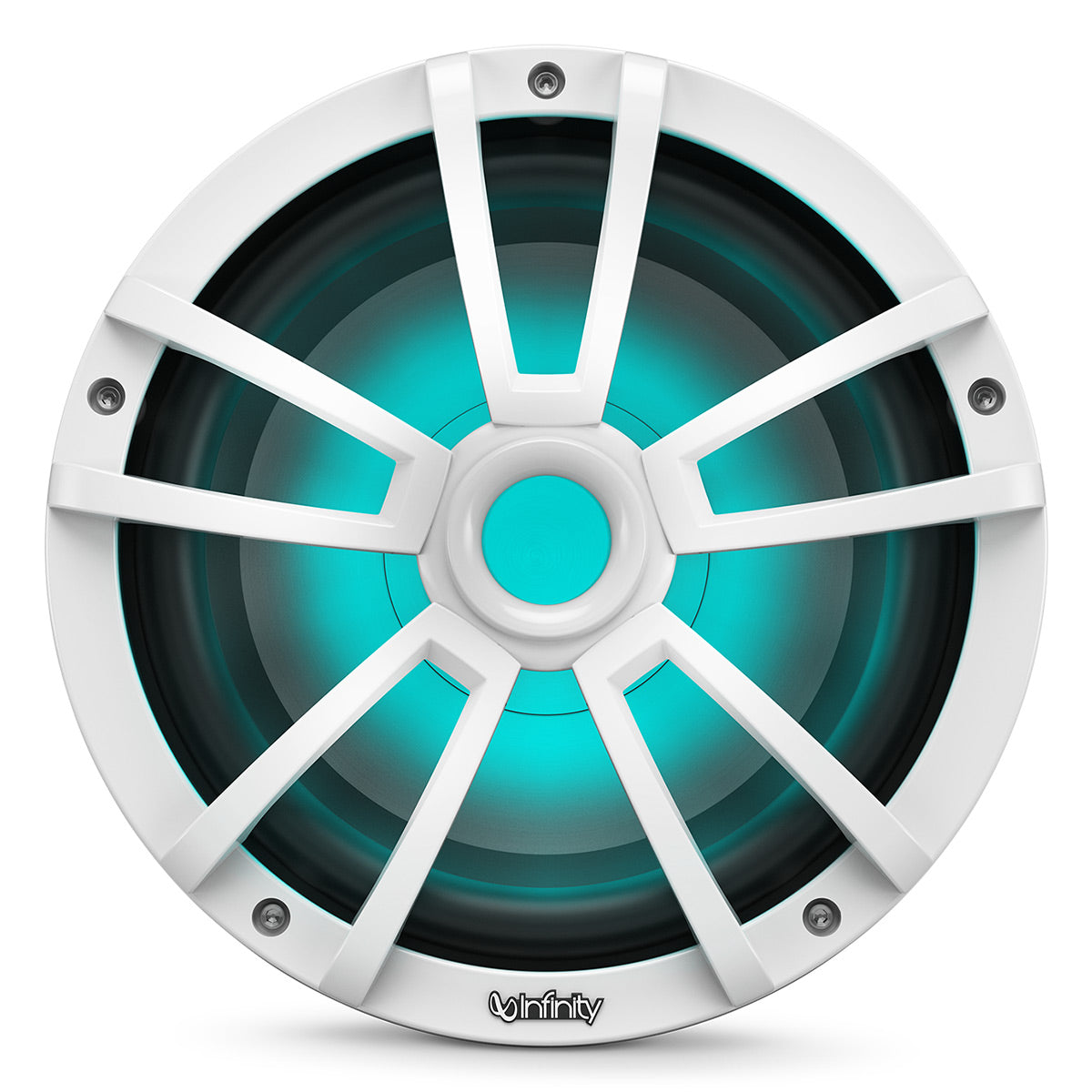 White marine subwoofer with a multi-spoke grille and illuminated teal RGB lighting