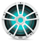 White marine subwoofer with a multi-spoke grille and illuminated teal RGB lighting