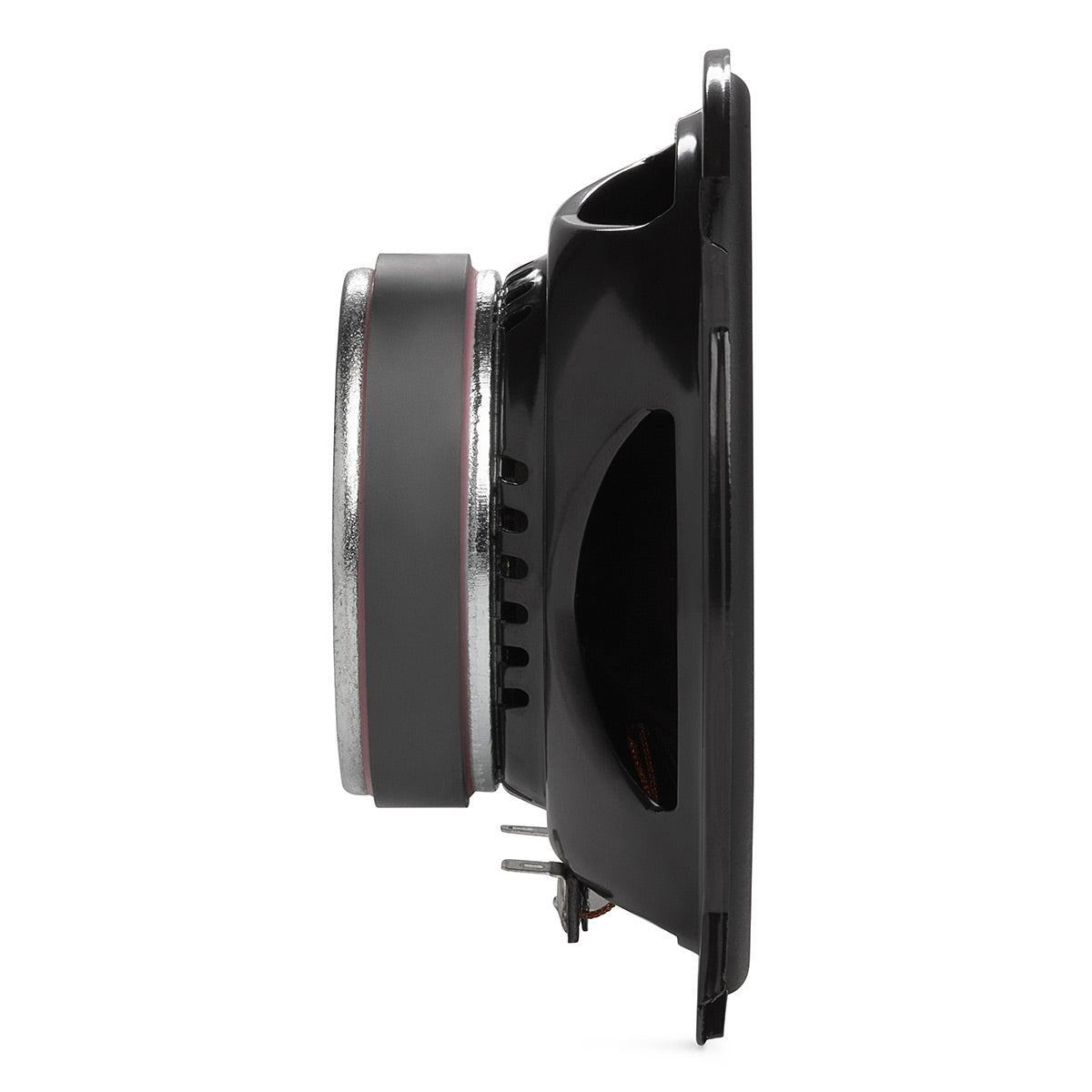 Black car speaker with a large magnet and open basket frame