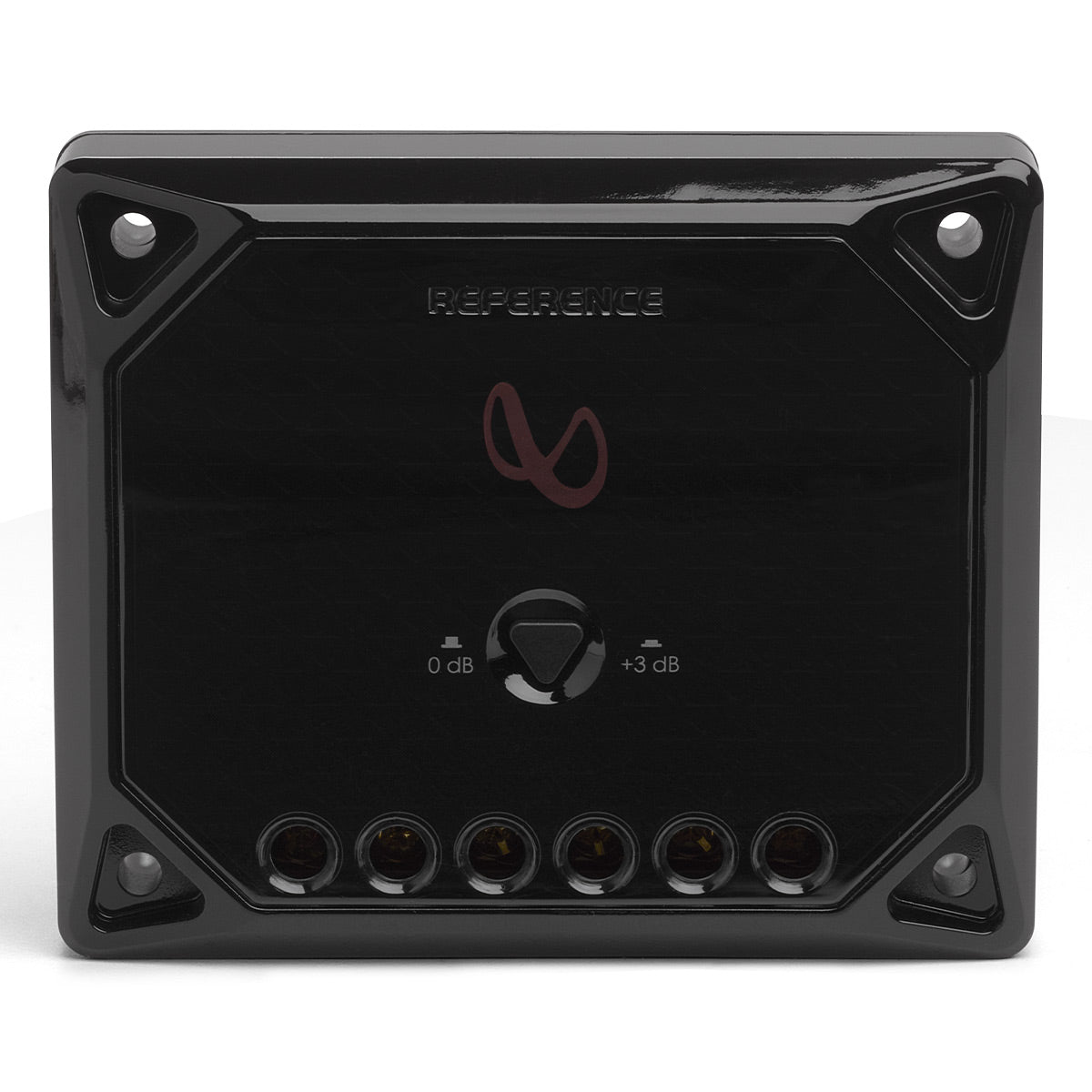 Black rectangular crossover with a central logo, a 0 dB to +3 dB adjustment switch, and six terminal