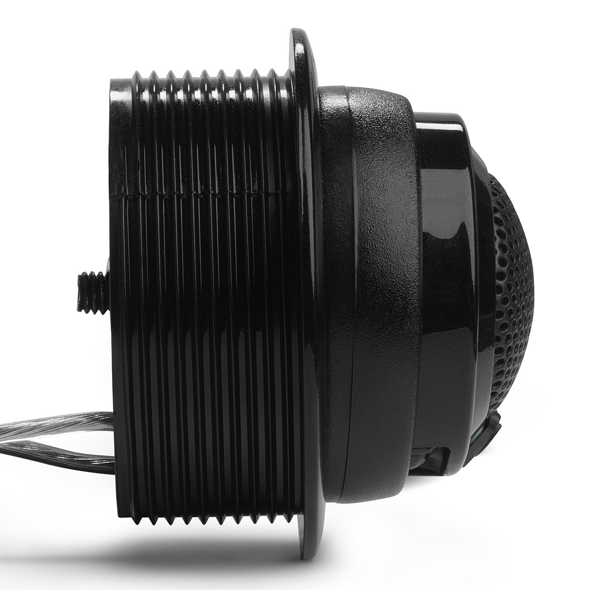 Black car speaker with a finned heat sink housing and perforated mesh grille