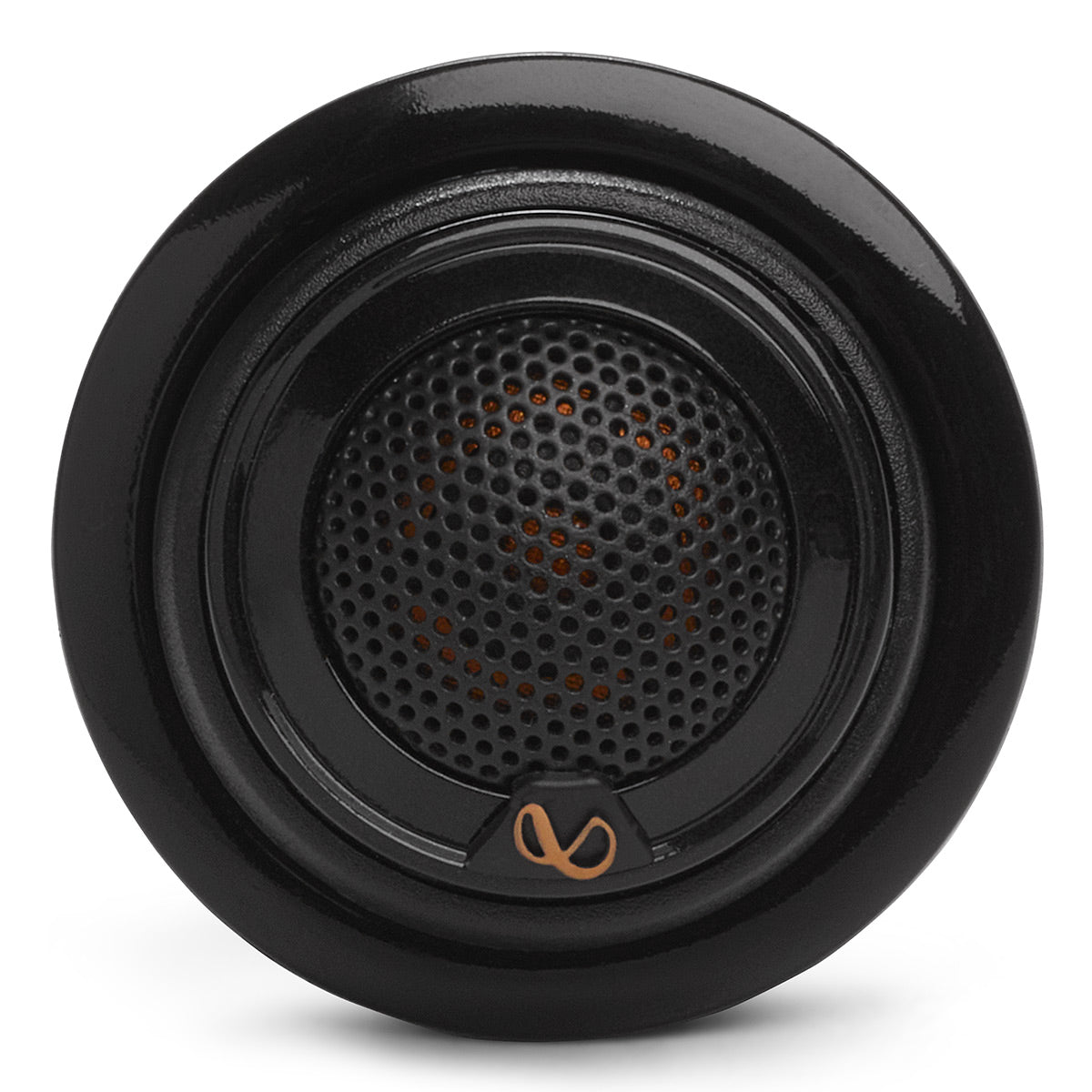 Black round car speaker with a perforated mesh grille and copper-colored logo