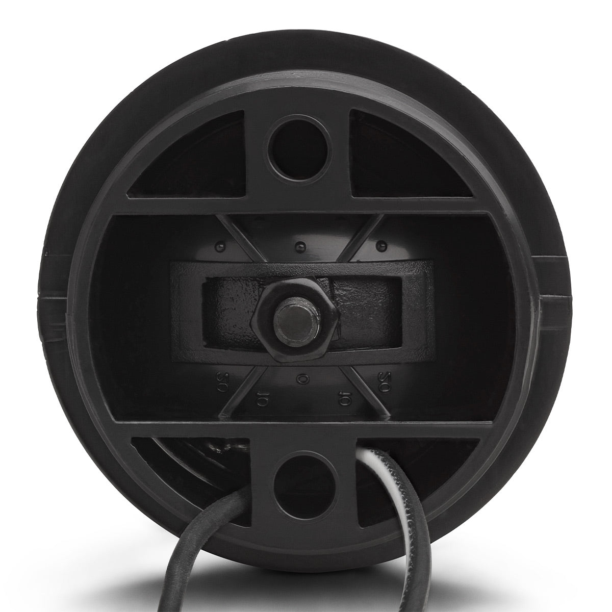 Black car speaker with a circular frame, central mounting bolt, and visible wiring