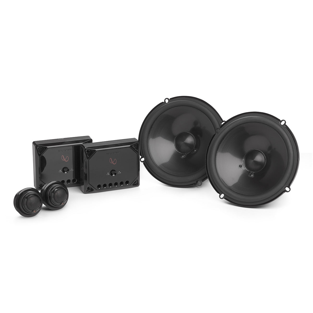 Black component car speaker system with two woofers, two tweeters, and two crossovers