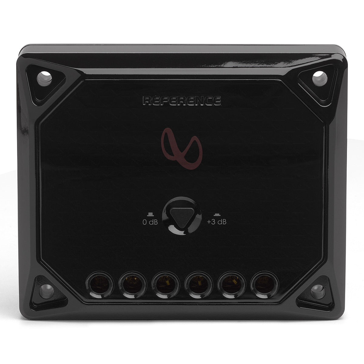 Black rectangular car speaker with a glossy frame, red logo, and adjustable tweeter level switch