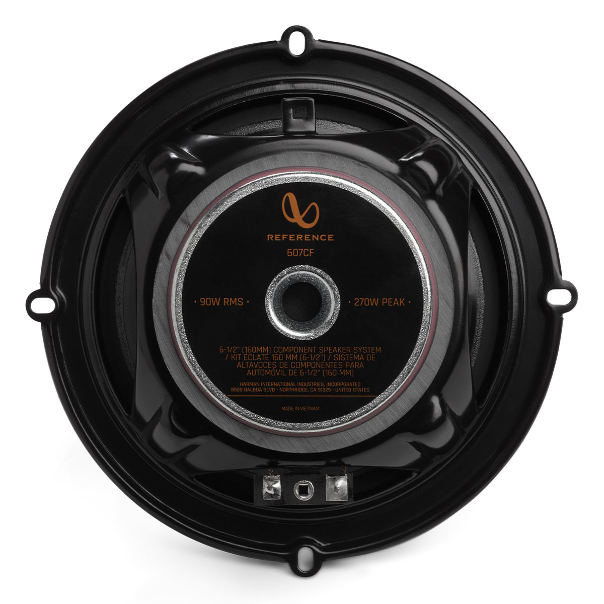 Black car speaker with a silver-rimmed magnet and orange text on the back