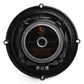 Black car speaker with a silver-rimmed magnet and orange text on the back