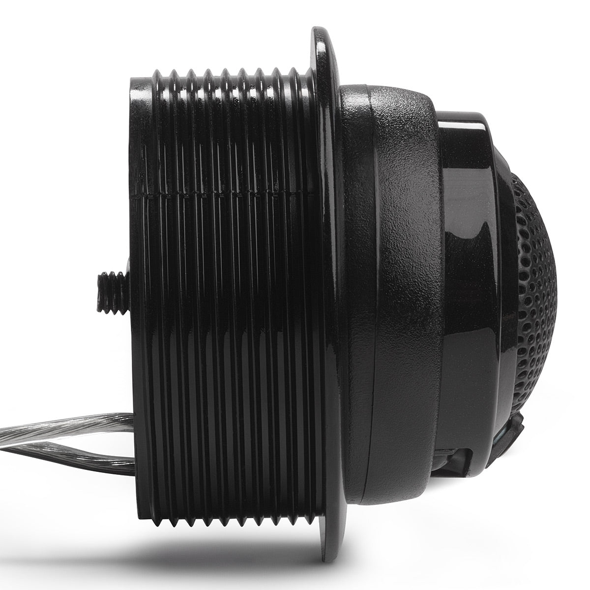 Black coaxial car speaker with a ribbed magnet housing and perforated tweeter grille