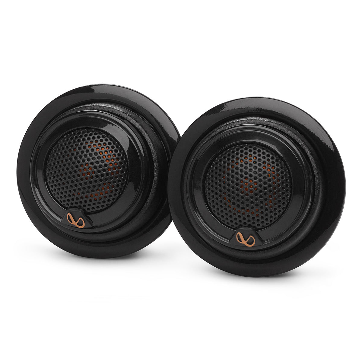 Pair of black round car speakers with perforated grilles and copper-colored logos