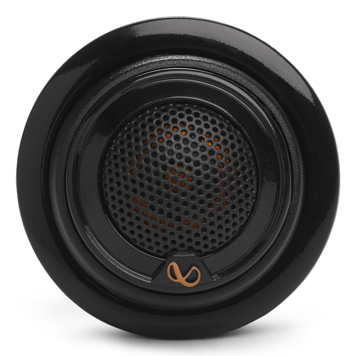 Black round car speaker with a perforated mesh grille and copper-colored logo