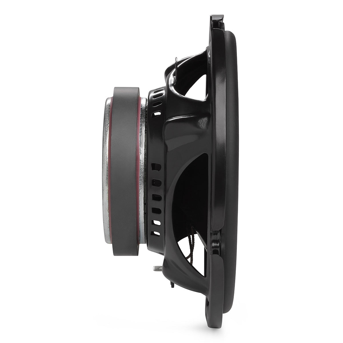 Black car speaker with a large magnet and vented basket frame