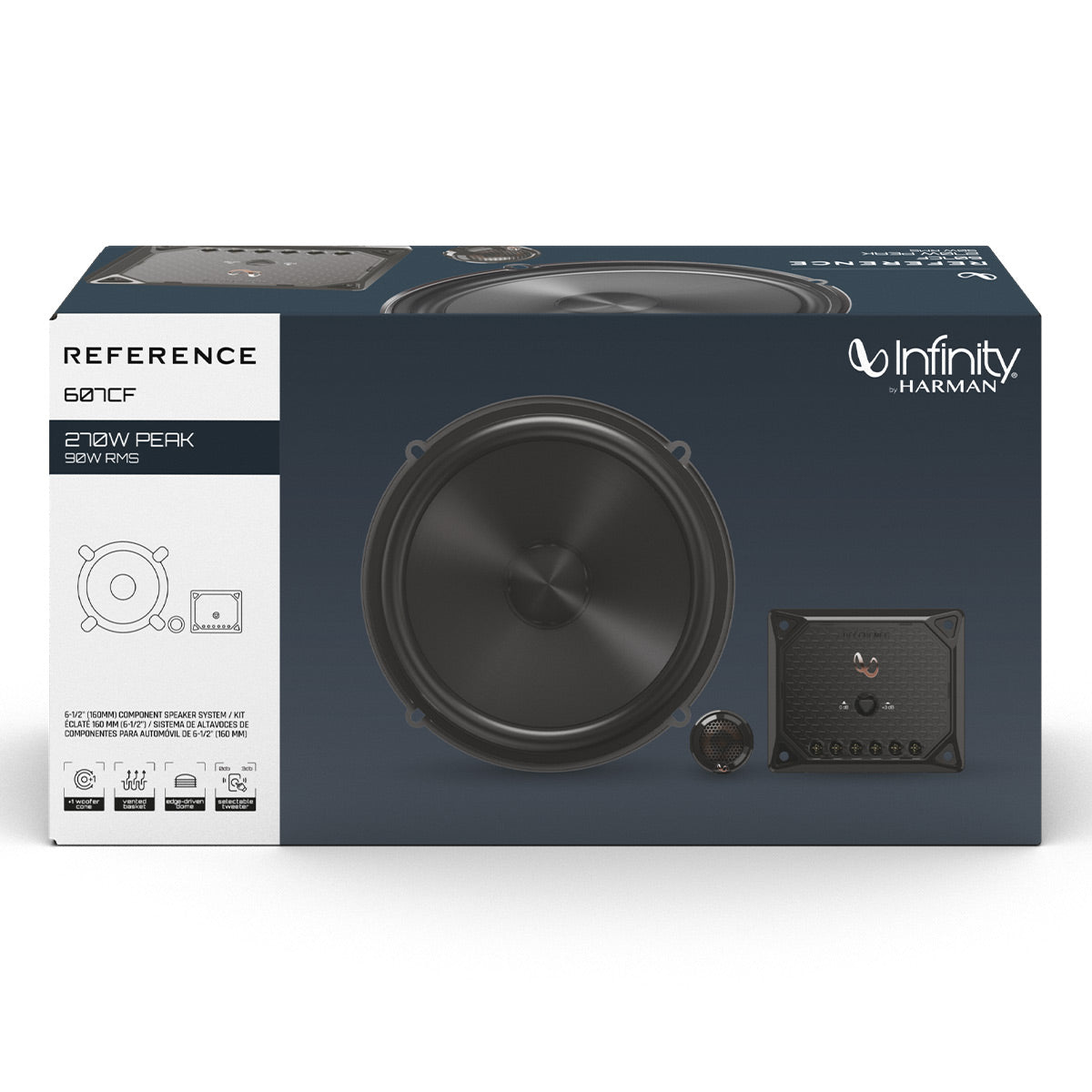Black component car speaker system with woofer, tweeter, and crossover on packaging