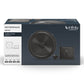 Black component car speaker system with woofer, tweeter, and crossover on packaging