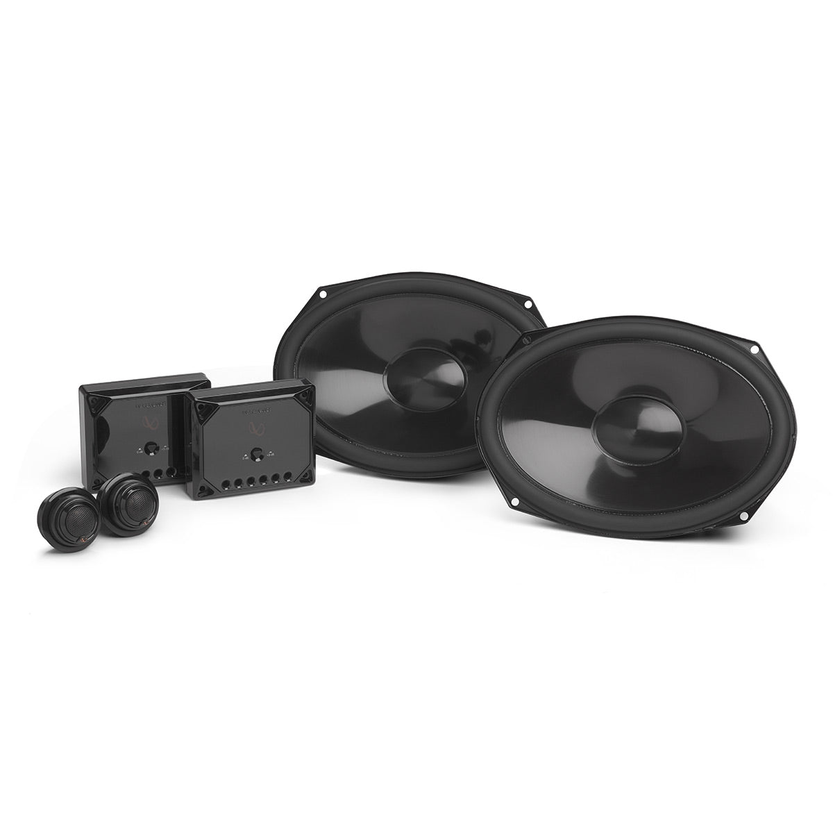 Black oval car speakers with separate tweeters and crossover boxes