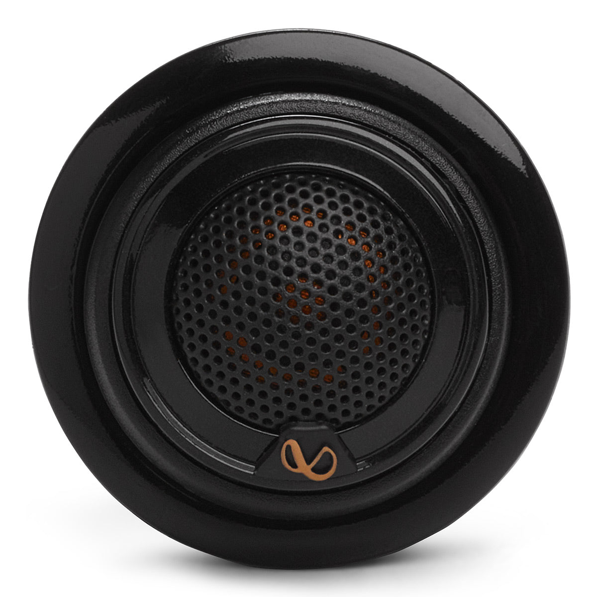 Black round car speaker with a perforated grille and copper-colored logo