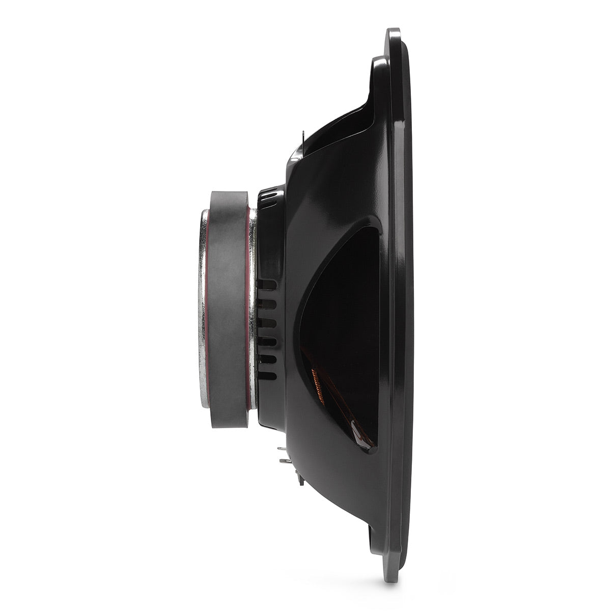 Black oval car speaker with a large magnet and visible copper voice coil