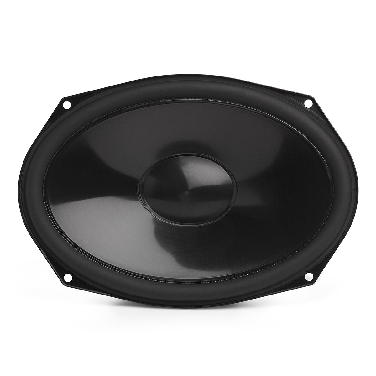 Black oval car speaker with a glossy cone and four mounting holes