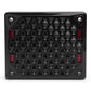 Black rectangular speaker grille with a geometric honeycomb pattern and red accents