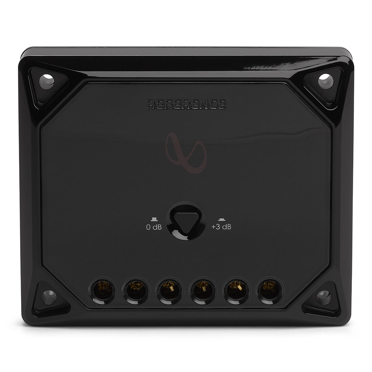 Black rectangular speaker with glossy finish, gold terminals, and a 0 dB to +3 dB adjustment switch