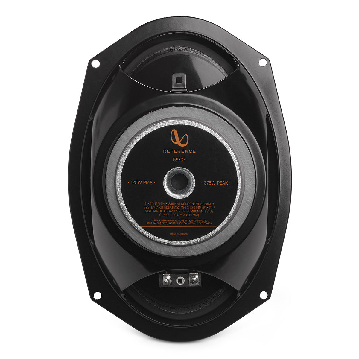 Black oval car speaker with a silver-rimmed magnet and orange branding