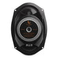 Black oval car speaker with a silver-rimmed magnet and orange branding