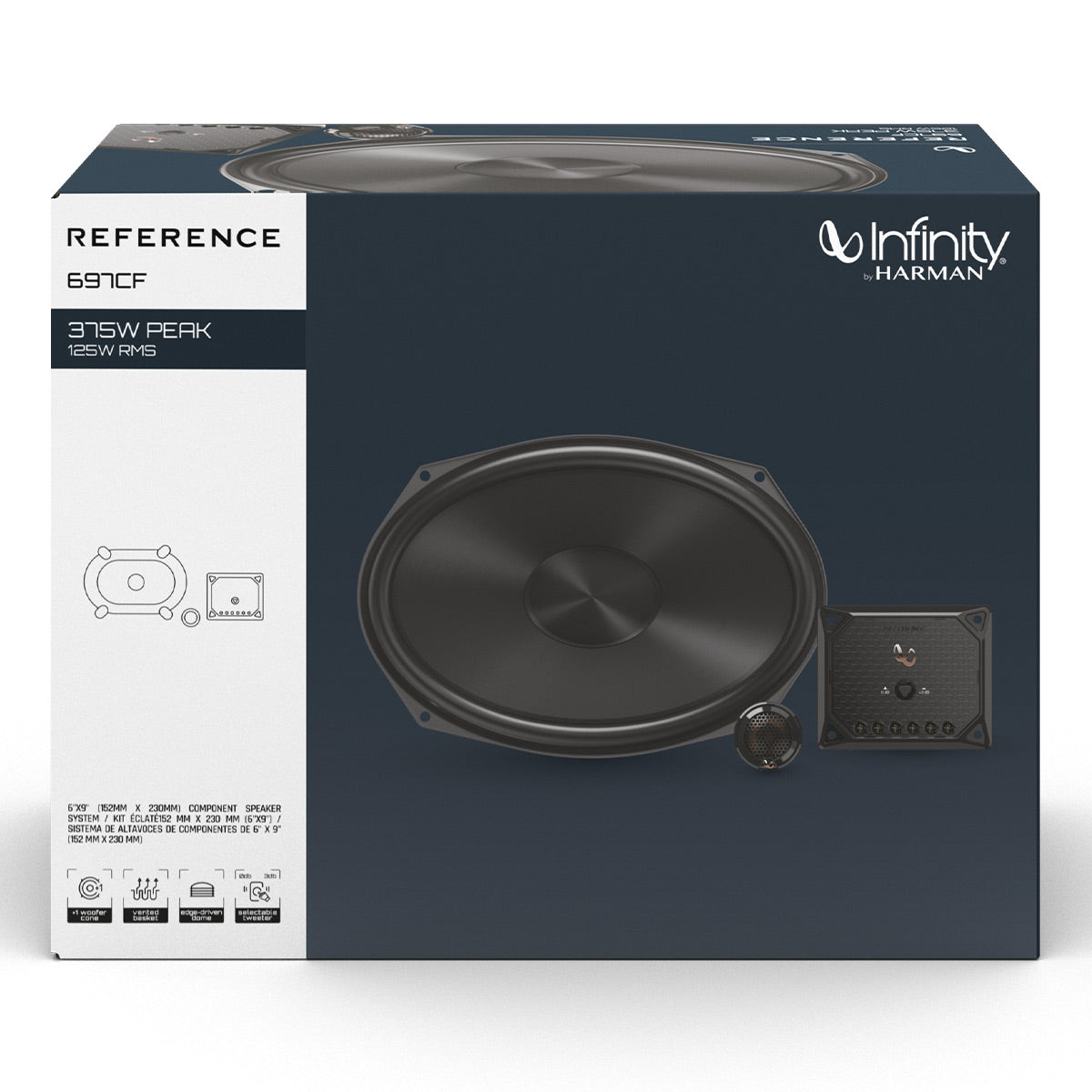 Black oval car speaker with a separate tweeter and crossover on a dark blue box