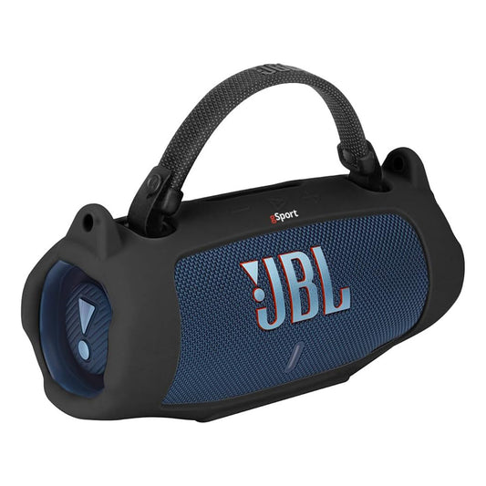 Blue portable speaker in black silicone sleeve with woven carry strap