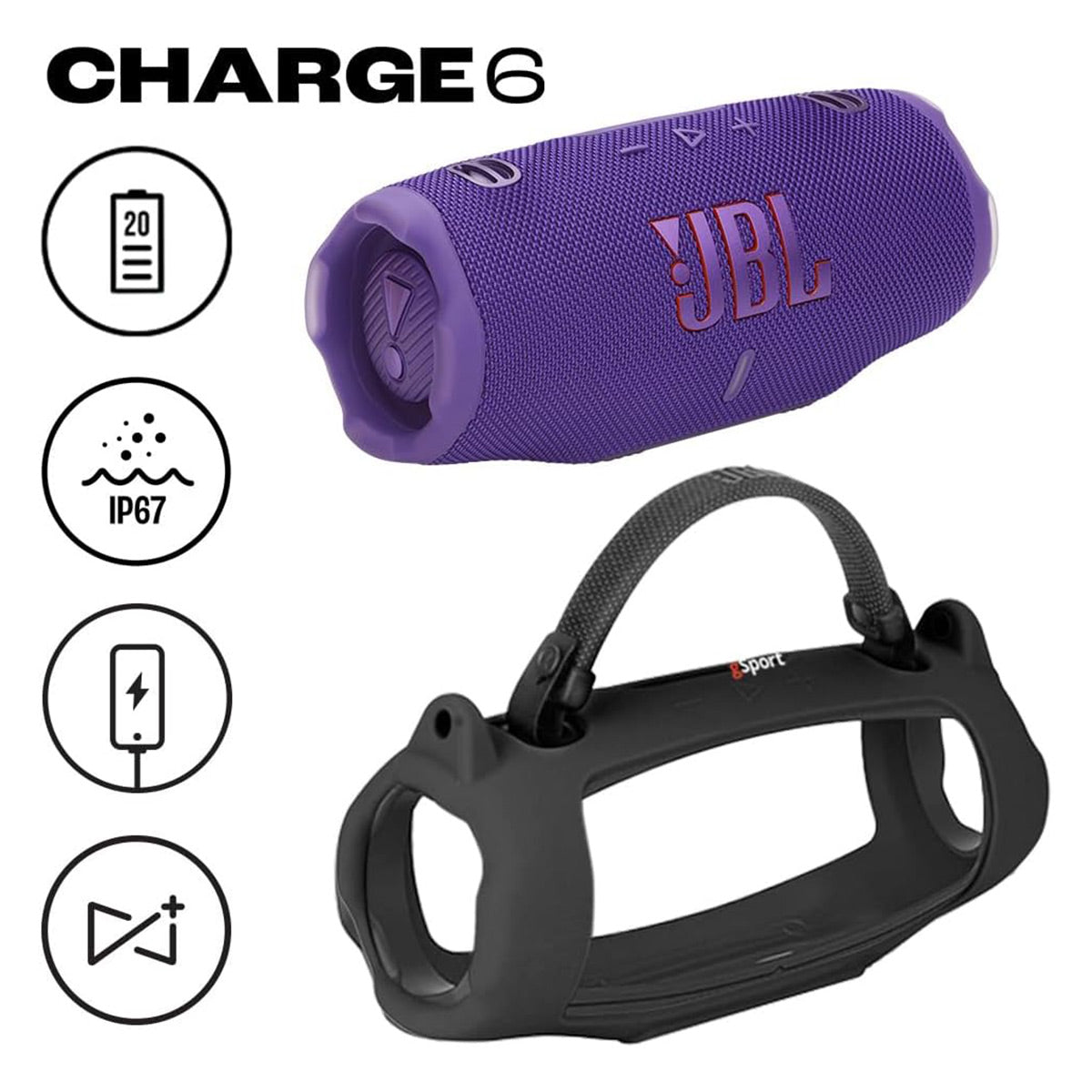 JBL Charge 6 Waterproof Portable Speaker Bundle with gSport Silicone Sleeve (Purple)