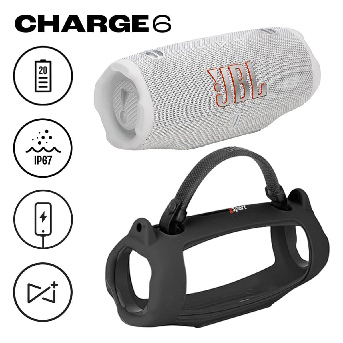 JBL Charge 6 Waterproof Portable Speaker Bundle with gSport Silicone Sleeve (White)