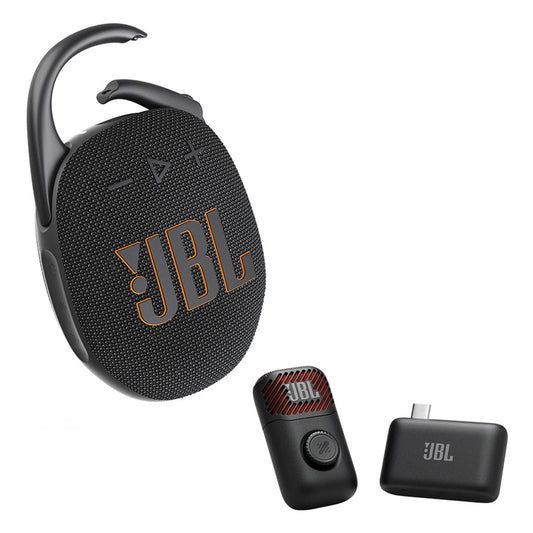 Black portable clip-on speaker with orange logo and wireless microphone