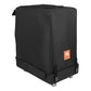 Black padded speaker transport bag with rolling caster wheels and orange JBL logo