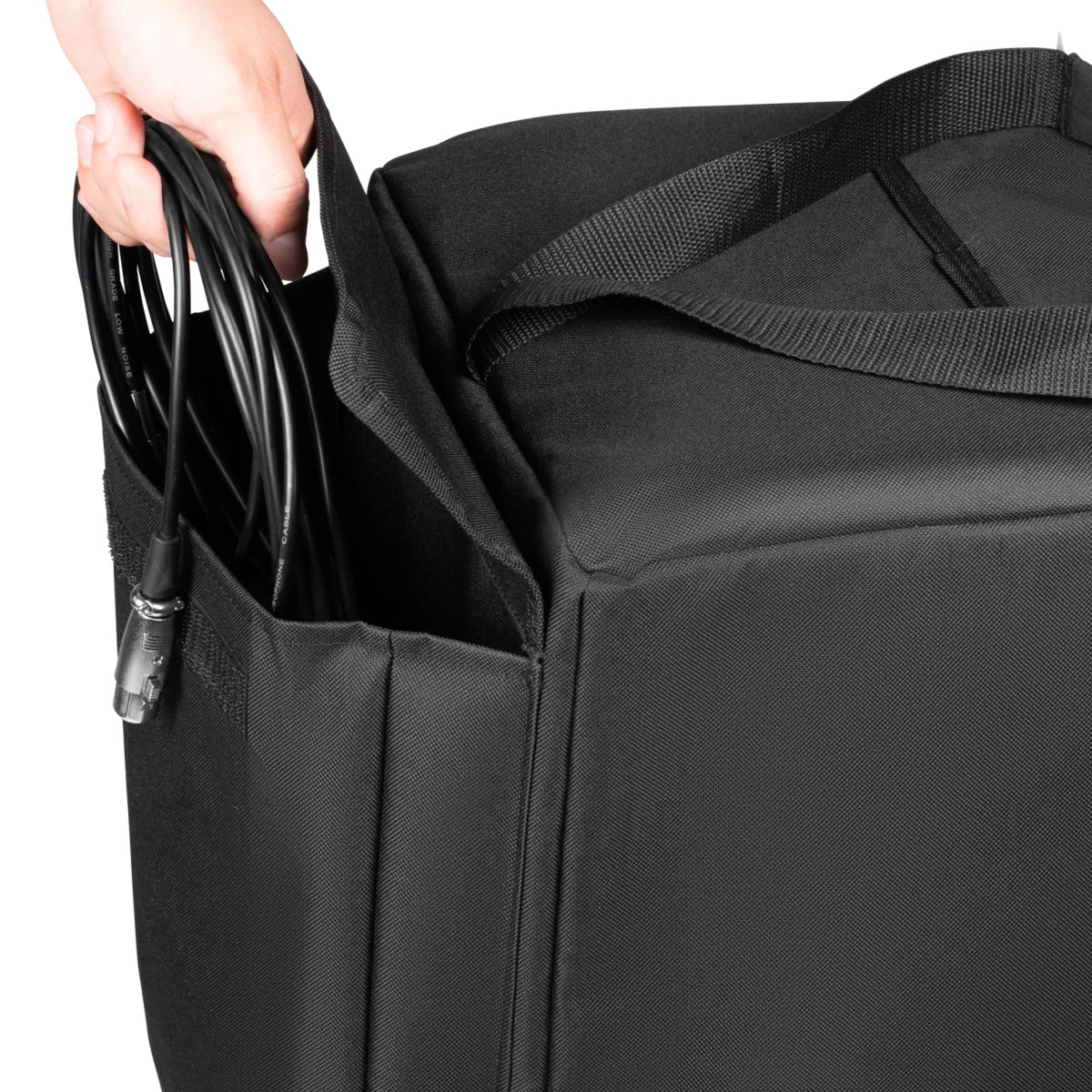 Black nylon bag with side pocket holding coiled cable and top carry straps