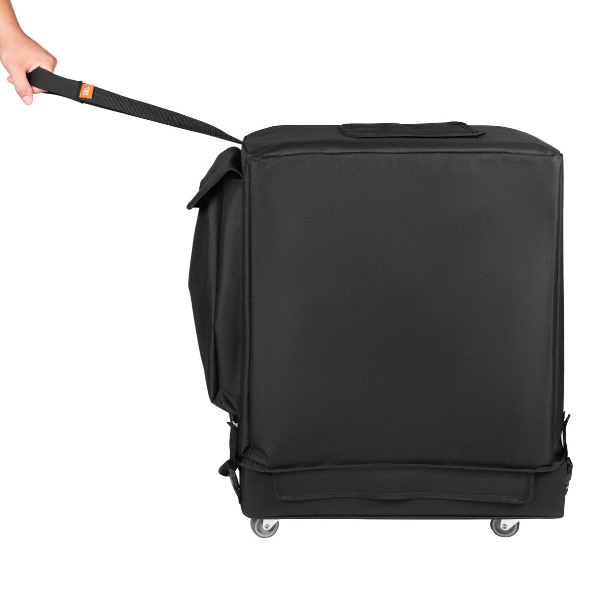 Black fabric rolling transport bag with caster wheels and a pull strap
