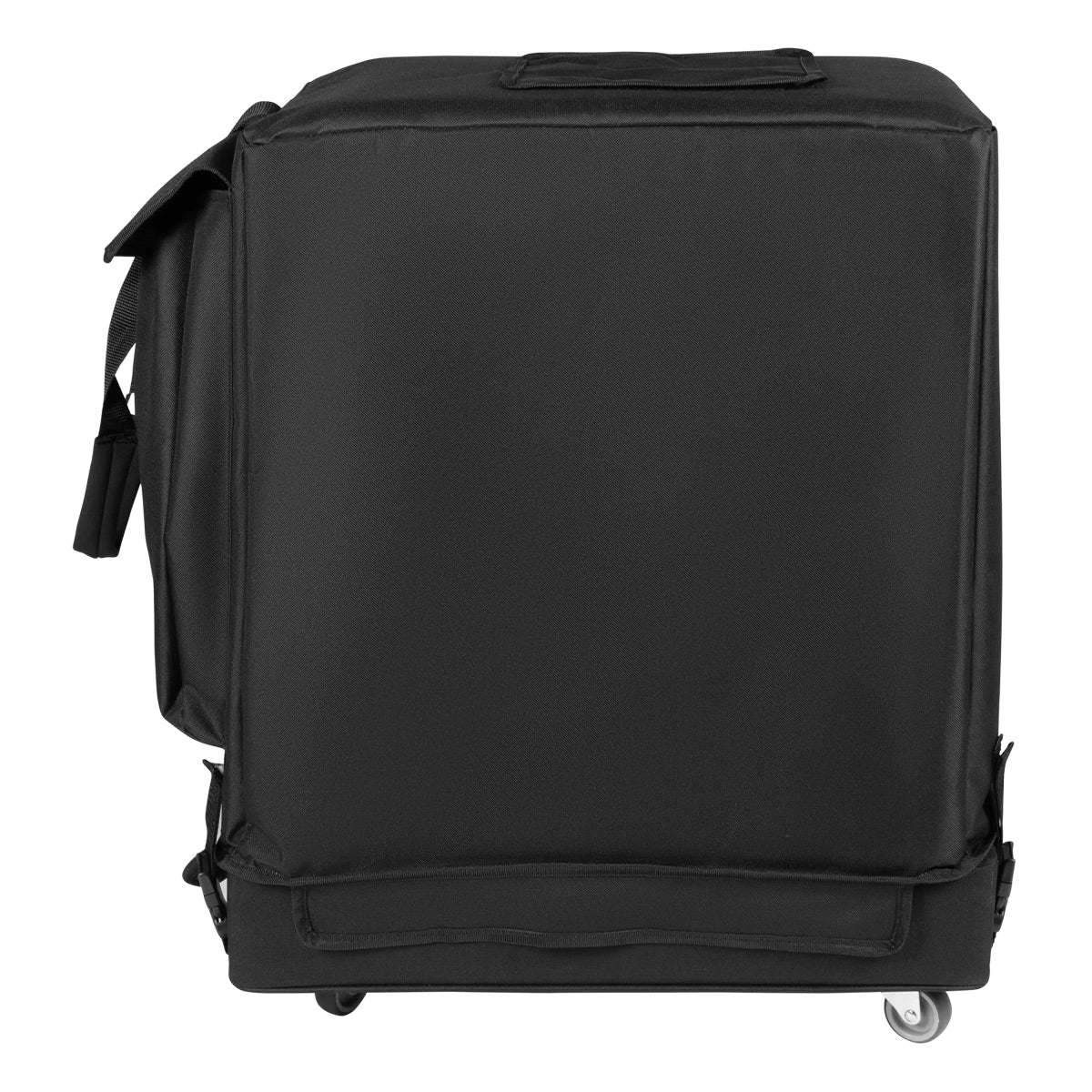 Black fabric rolling transport bag with top handle and caster wheels