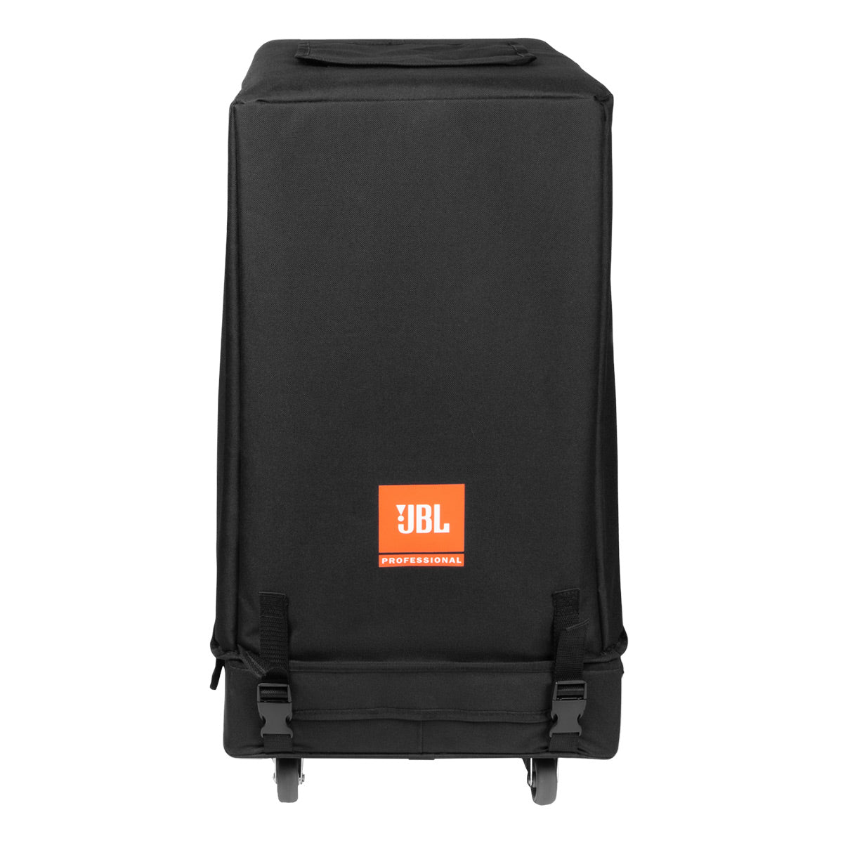 Black padded speaker transport cover with orange JBL logo, top handle, and rolling wheels