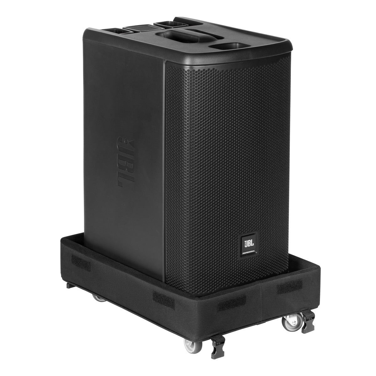 Black rolling transport base with four caster wheels and a padded platform