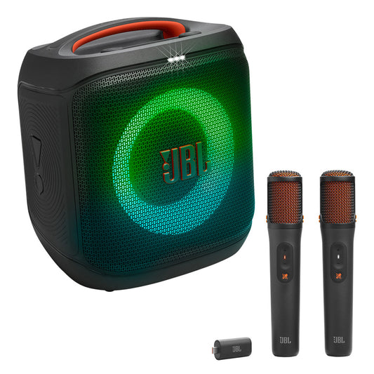 Black portable speaker with green and blue LED light ring and orange handle, paired with two wireles