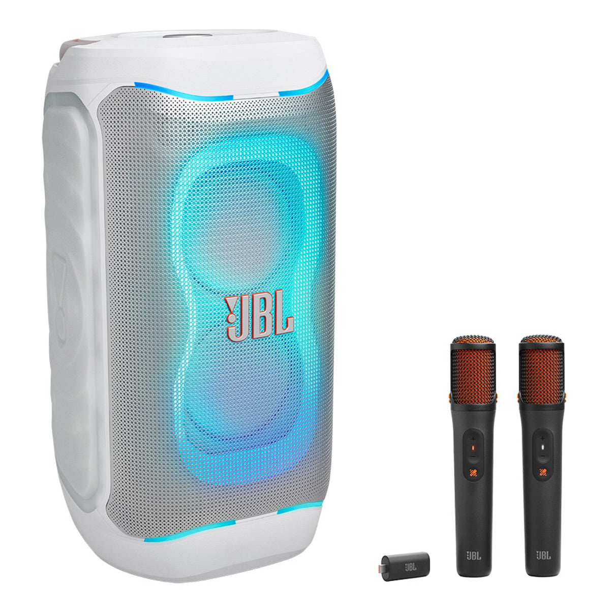 JBL PartyBox 130 Portable Party Speaker Bundle with EasySing Wireless Microphones (White)
