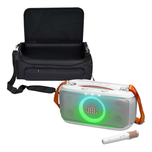 White portable speaker with orange shoulder strap, green light ring, and wireless microphone next to