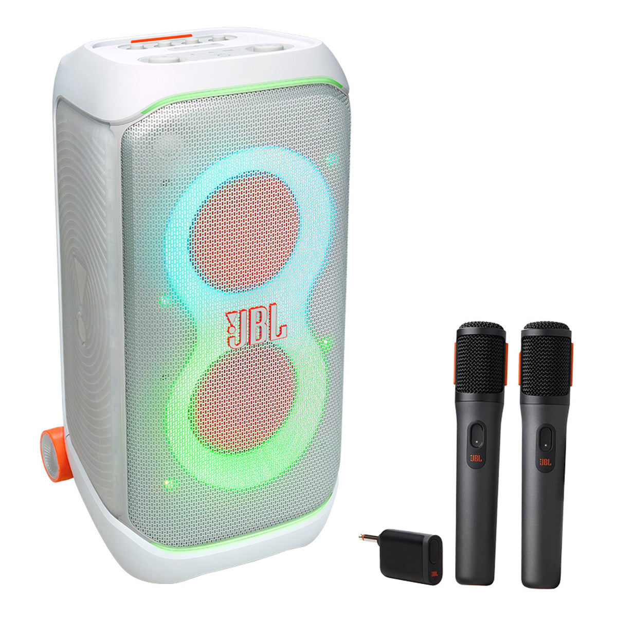 JBL PartyBox Stage 320 Portable Party Speaker Bundle with Wireless Microphone System (White)