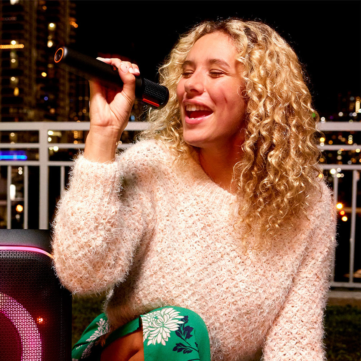 JBL PartyBox Stage 320 Portable Party Speaker Bundle with Wireless Microphone System (White)